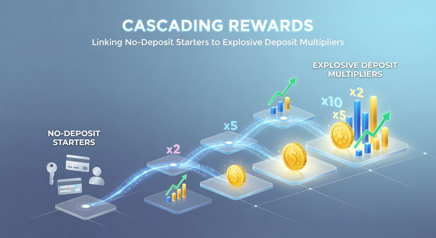 Graphic showing reward tiers cascading from no-deposit free spins to high-multiplier deposit bonuses in a flowchart style
