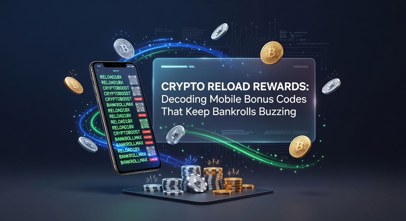 Vibrant mobile screen displaying crypto reload bonus code activation in a casino app, with coins stacking up and bonus notifications popping