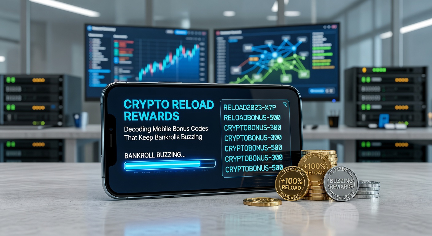 Dynamic chart showing rising crypto reload bonus trends on mobile, with graphs of deposit matches, wagering paths, and bankroll growth curves in neon crypto aesthetics