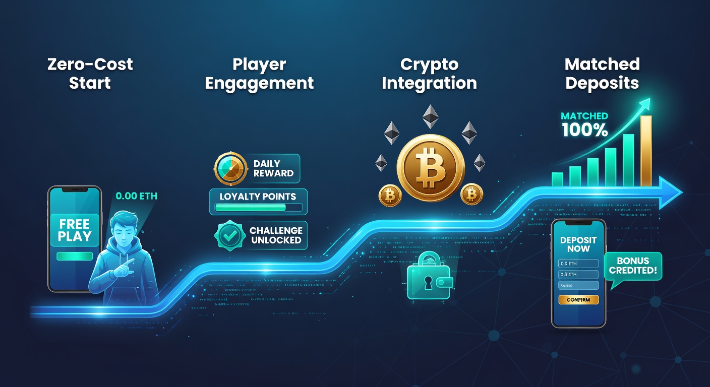 Illustration of player incentive progression from free starts through deposit matching on crypto mobile platforms