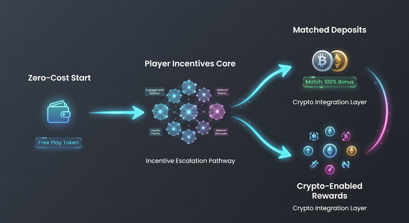 Visual of crypto wallet integration linking zero-cost bonuses to matched deposit stages
