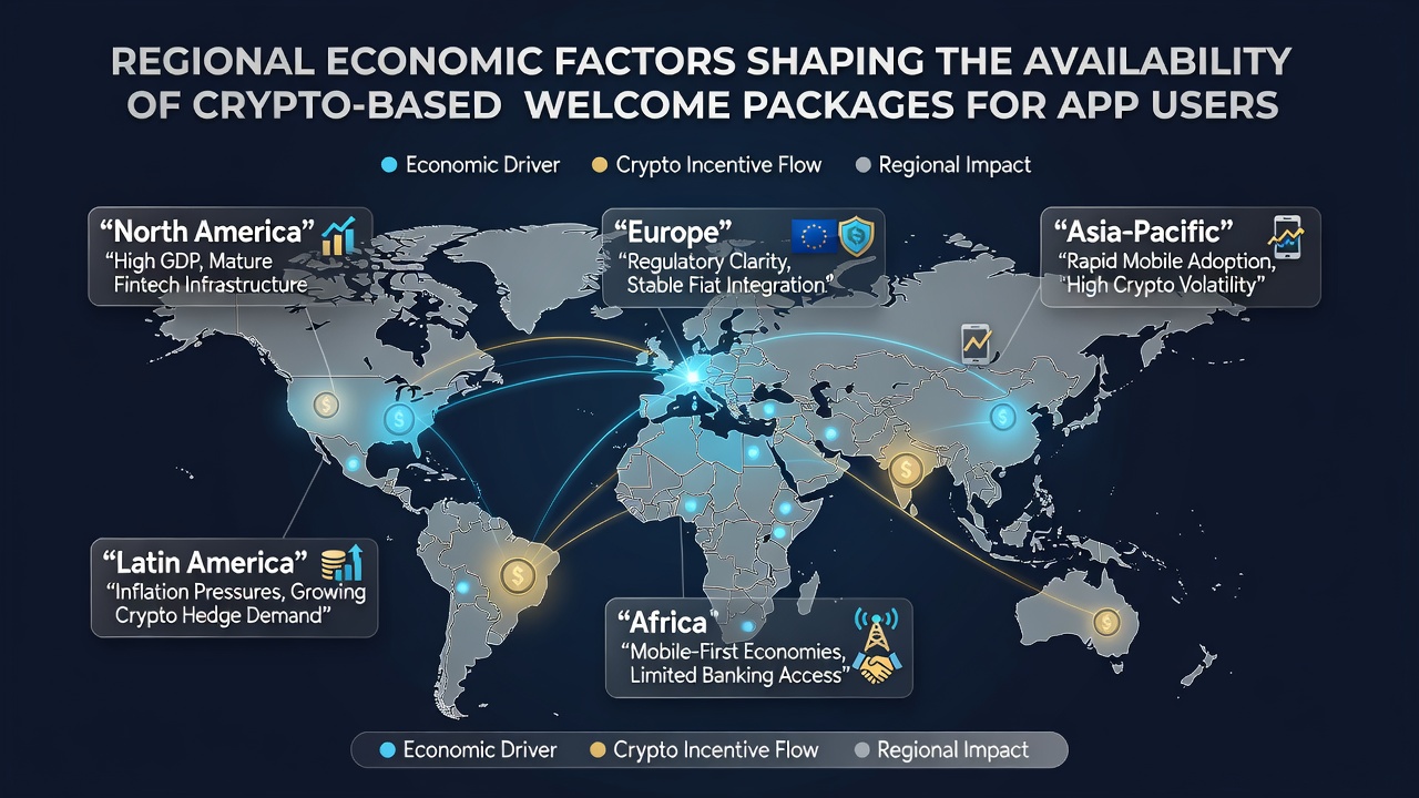 Mobile app screens showing regional crypto bonus variations and economic data overlays