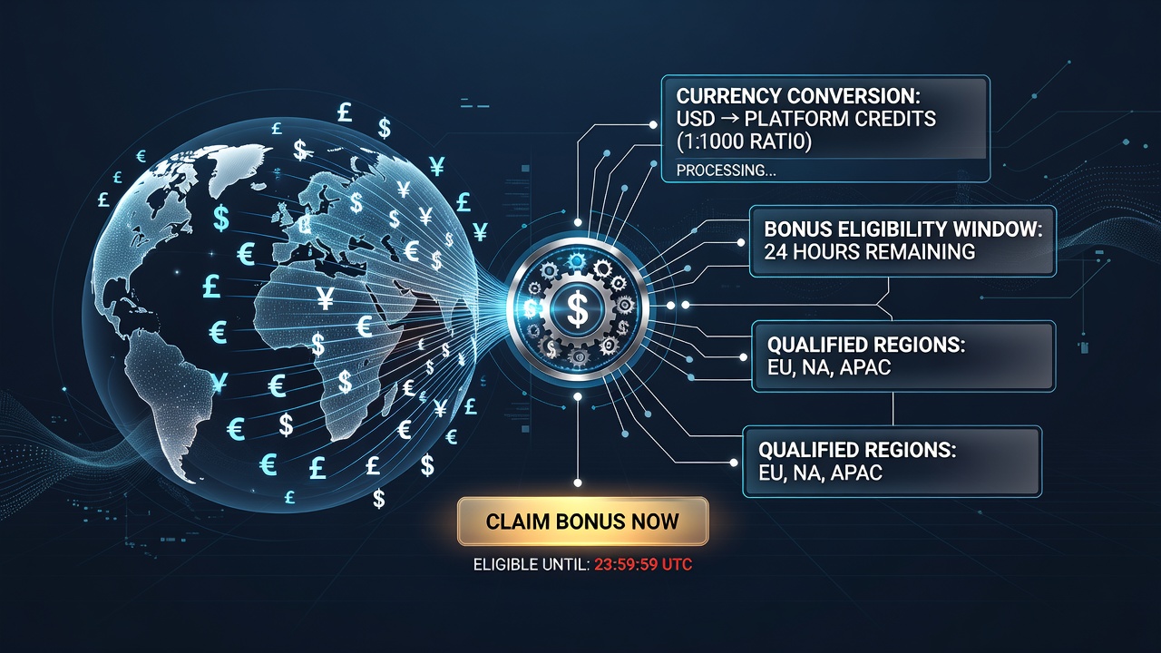Illustration of currency symbols and digital bonus timers overlaid on a global map representing international online gaming platforms