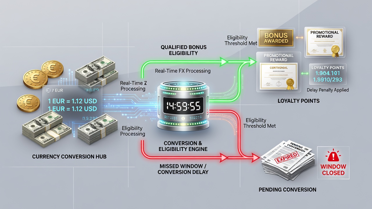Screenshot-style graphic showing a timeline of deposit processing steps with currency conversion highlighted between authorization and bonus credit