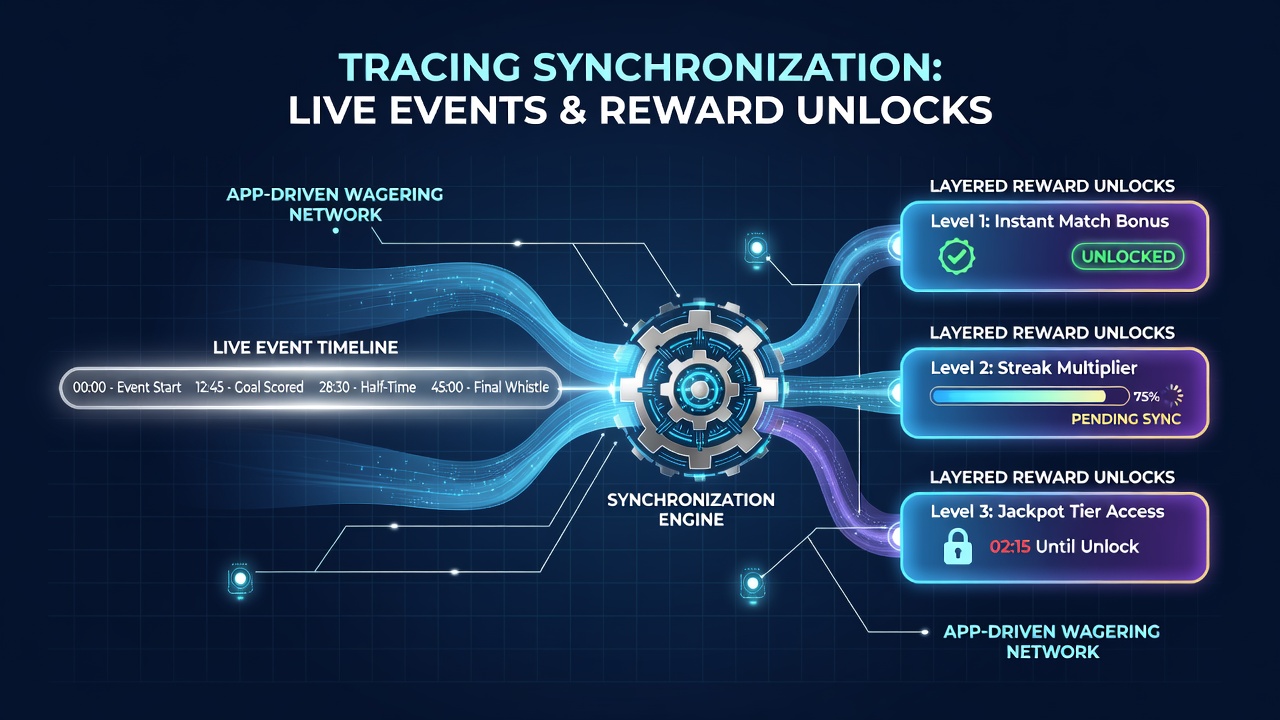 Diagram showing live event timelines aligned with progressive reward unlock stages in mobile wagering applications